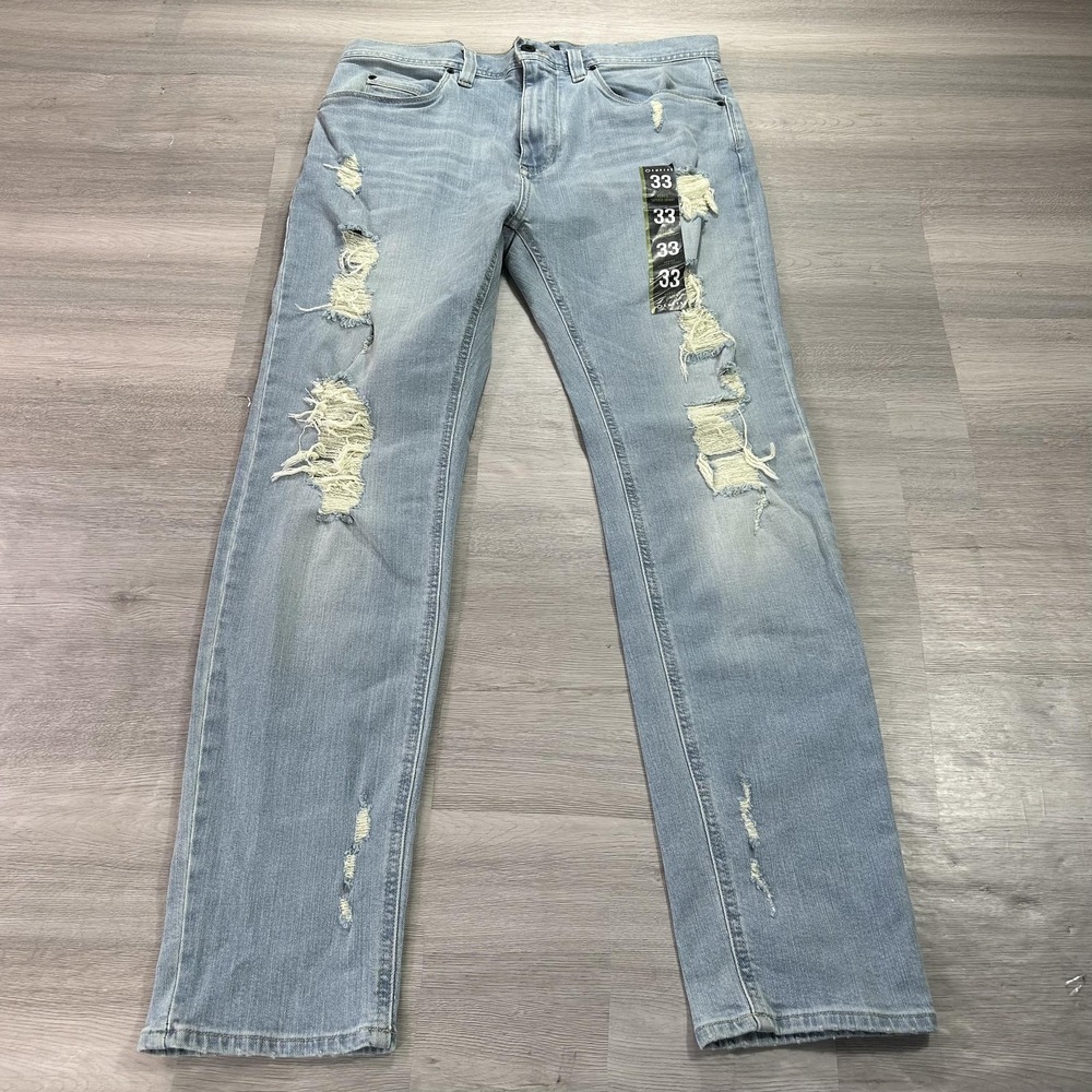 Empyre Verge Jeans Mens 33x31 Light Wash Distressed Tapered Skinny Blue Stretch